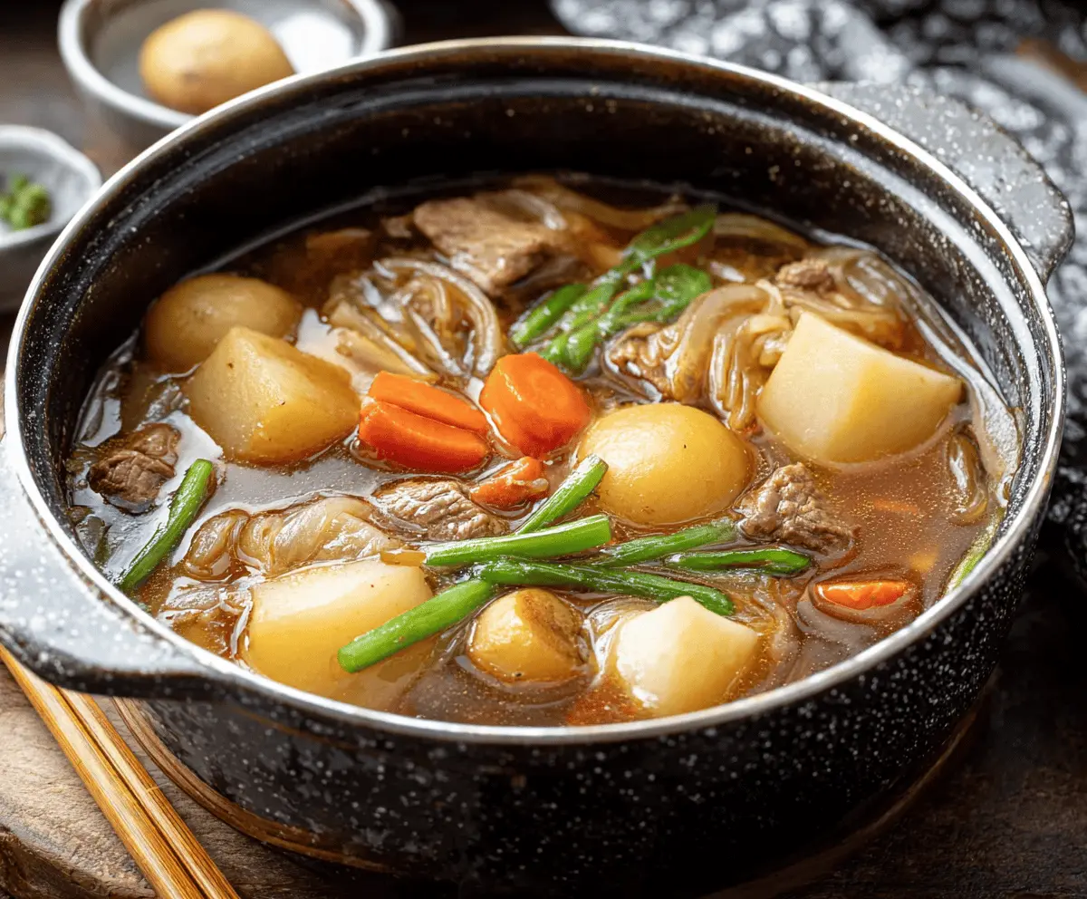 Delicious One Pot Japanese Nikujaga featuring tender beef, potatoes, carrots, and onions simmered in a savory soy-based sauce in a single pot