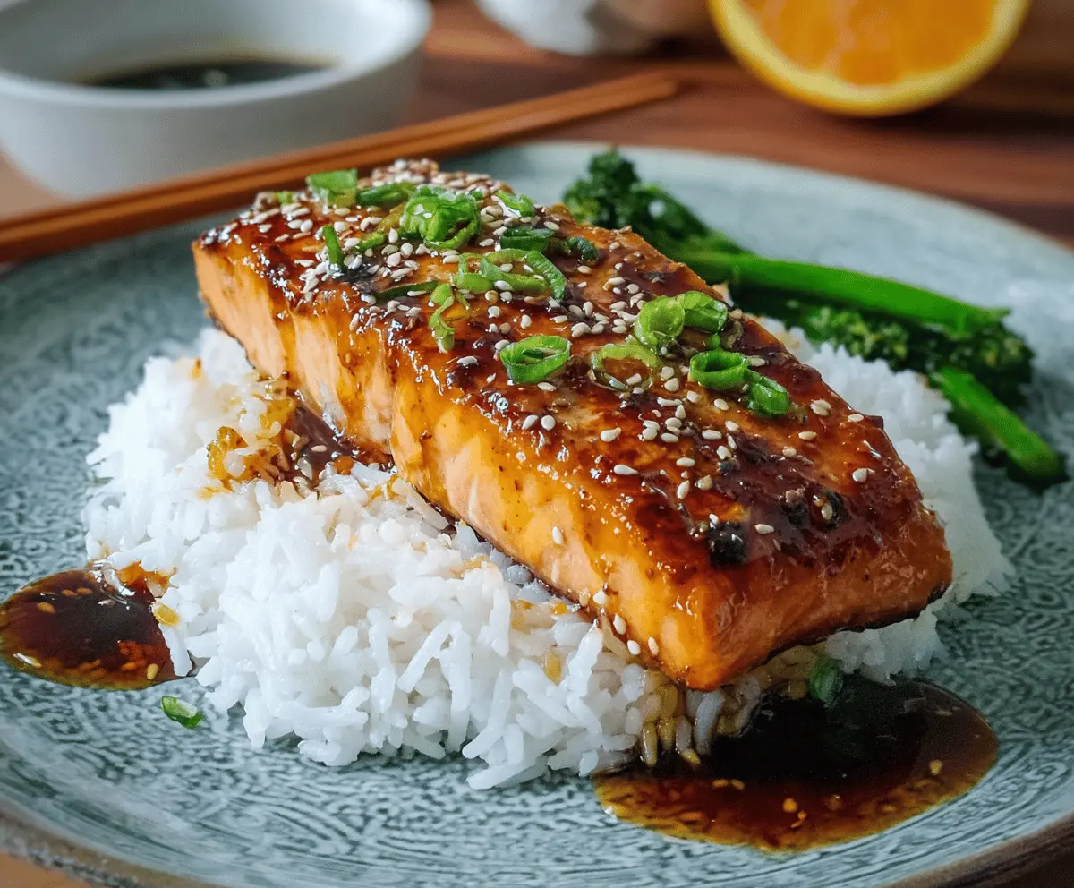 Juicy orange teriyaki salmon fillet garnished with fresh herbs on a white plate, served with vegetables and lemon wedges for a flavorful, healthy meal.