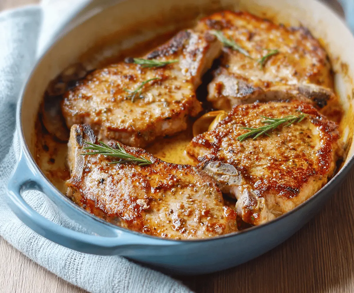 Juicy oven-baked pork chops with golden crispy edges served on a plate, perfect for a flavorful dinner