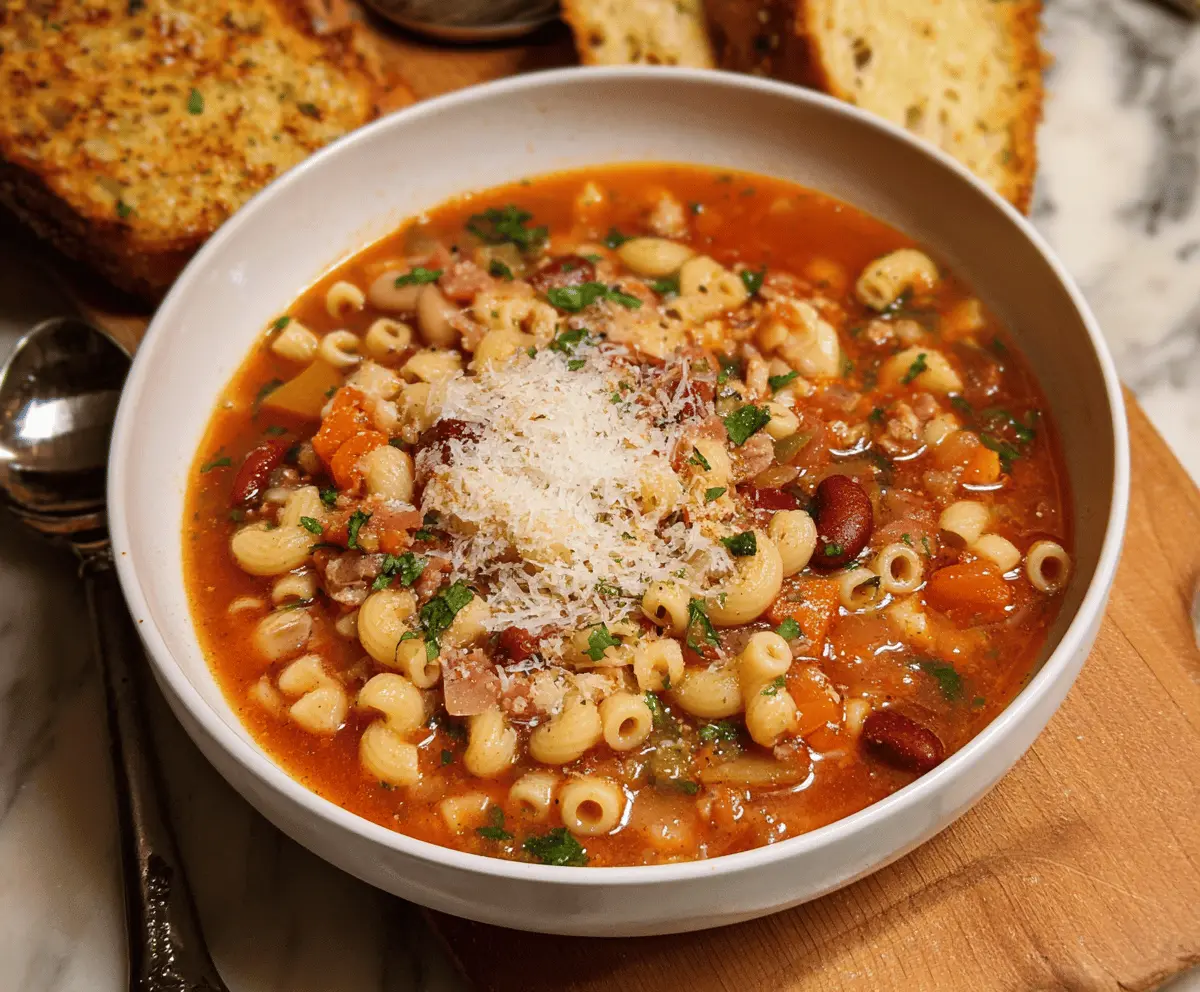 Hearty Pasta e Fagioli Soup with pasta, beans, vegetables, and herbs in a bowl