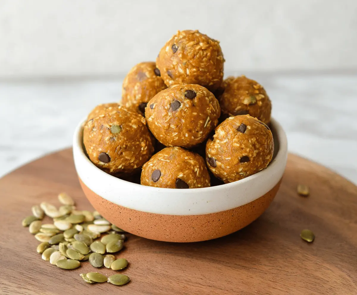 Healthy Peanut Butter Pumpkin Protein Balls made with oats, chia seeds, and honey for a nutritious snack