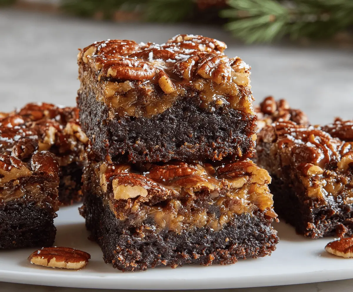 Delicious Pecan Pie Brownies with a glossy caramel topping and crunchy pecans.