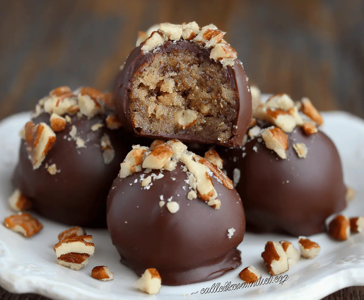 Delicious Pecan Pie Truffles with a rich chocolate coating topped with chopped pecans, perfect for dessert or sweet snacking.