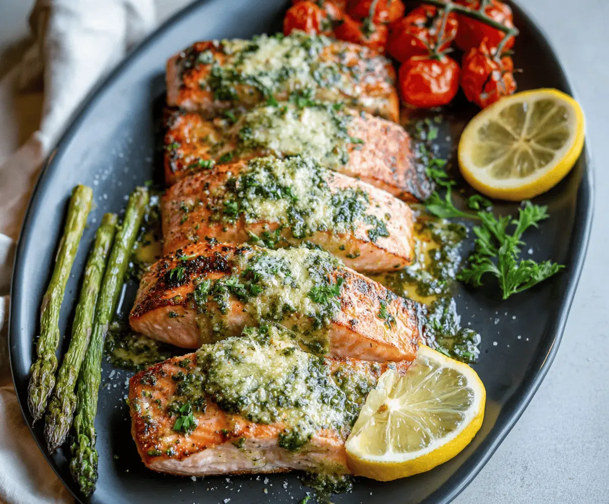 Creamy pesto butter salmon fillet garnished with fresh herbs on a white plate, served with lemon wedges for a flavorful seafood dish.