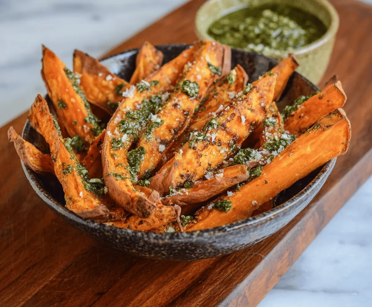 Crispy pesto sweet potato fries served on a plate with fresh herbs, perfect for a healthy snack or side dish