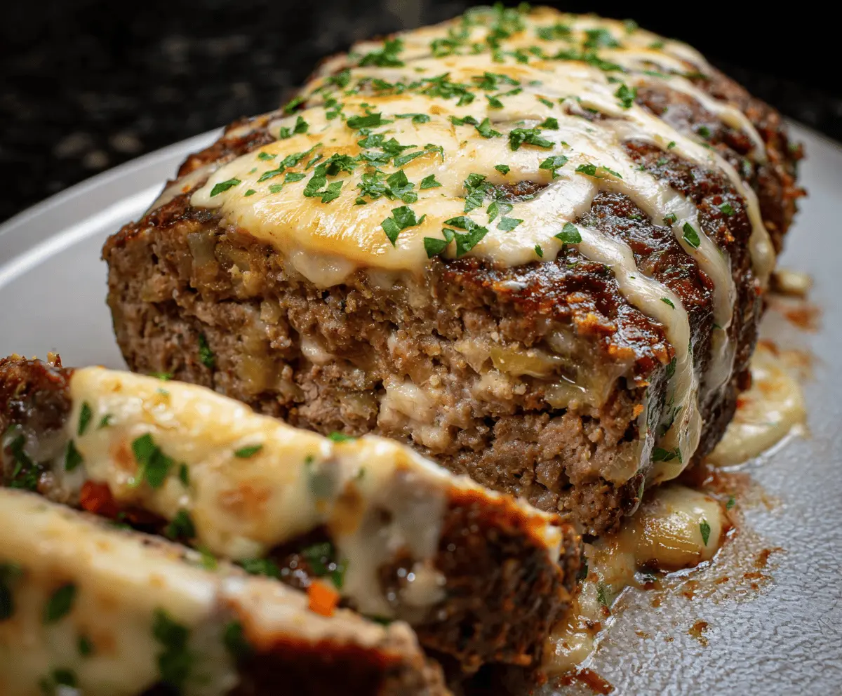 Savory Philly Cheesesteak Meatloaf topped with melted cheese and sautéed peppers, sliced to reveal juicy beef and melted cheese inside.