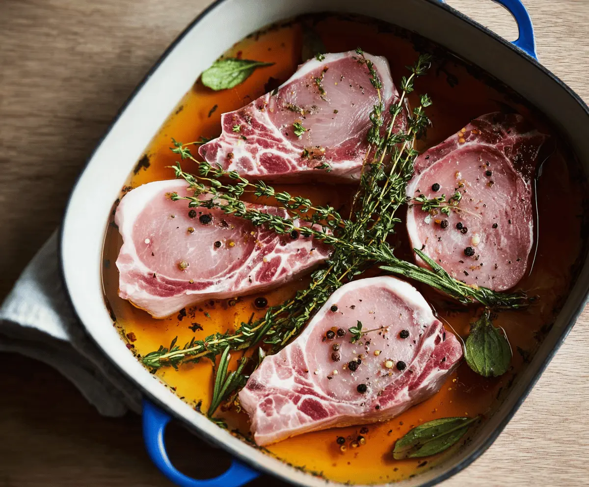 Juicy pork chop brined in seasoned marinade with herbs and spices for tender, flavorful results