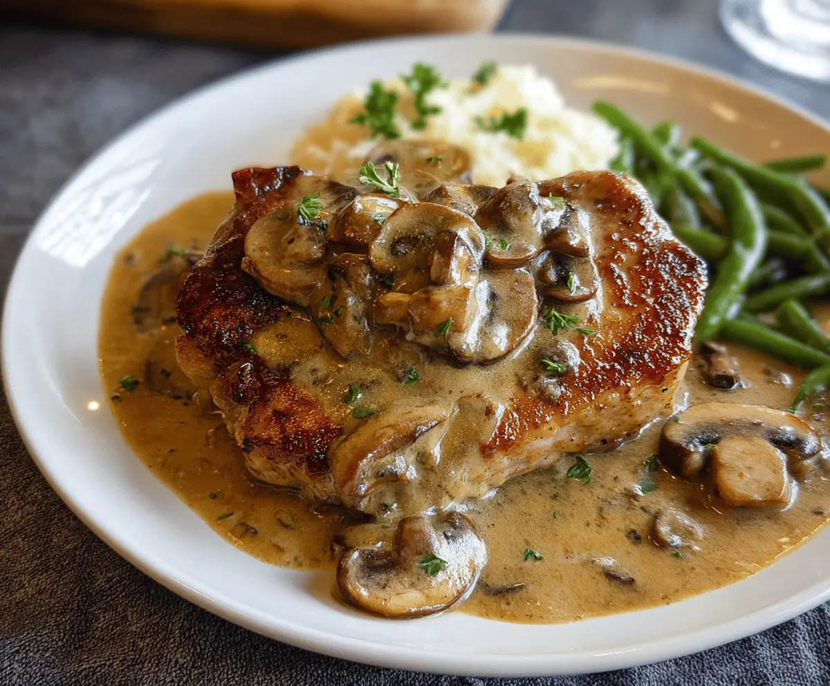 Juicy pork chops topped with creamy mushroom gravy served on a white plate, garnished with fresh herbs