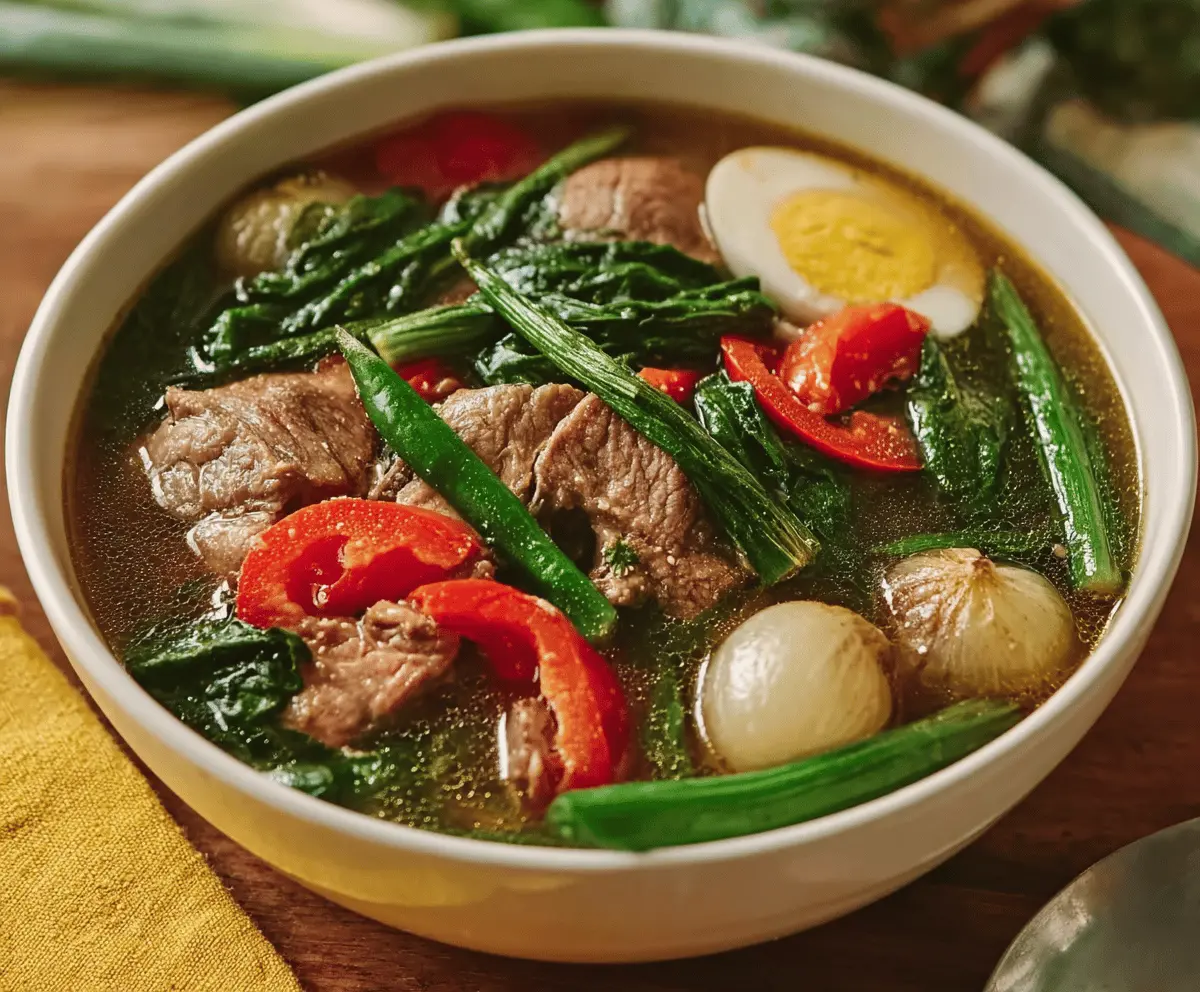 Delicious pork sinigang stew with vegetables and sour tamarind broth, perfect for a flavorful Filipino meal