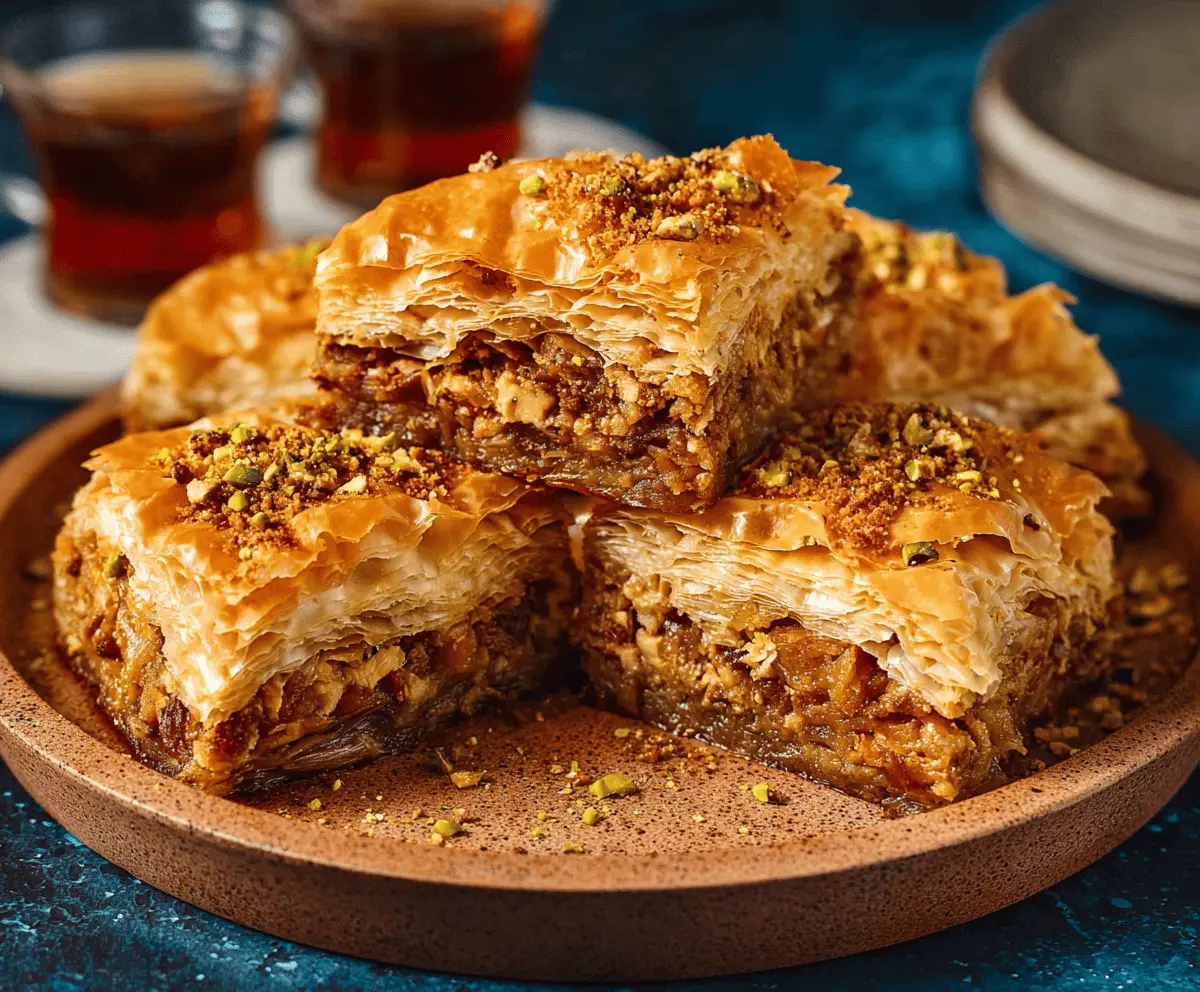 Delicious homemade pumpkin baklava layered with flaky phyllo dough, chopped walnuts, and pumpkin spices, topped with honey syrup for a sweet fall dessert.