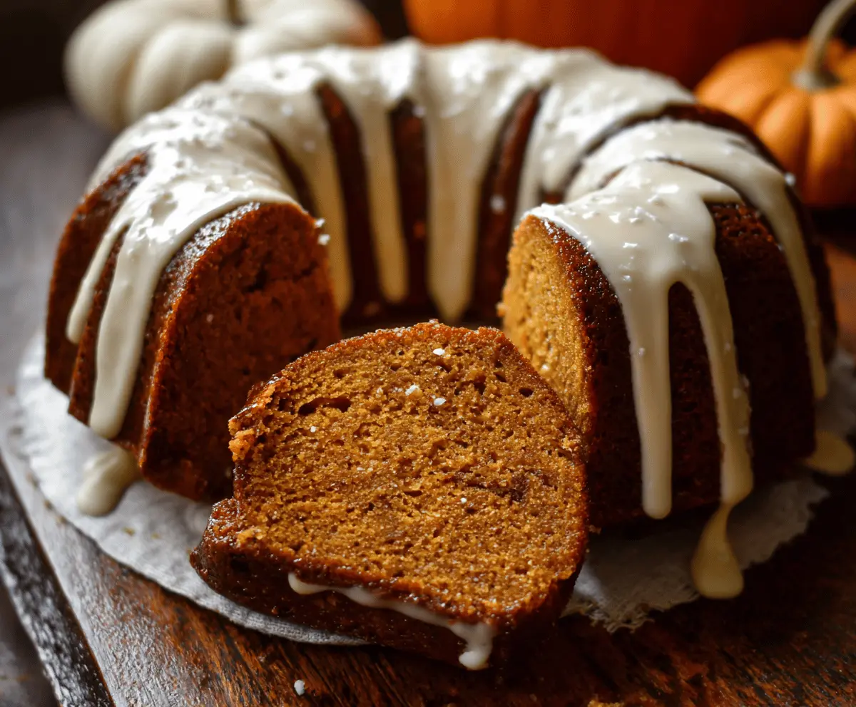 Delicious homemade pumpkin Bundt cake topped with powdered sugar and autumn spices, ready to enjoy during fall celebrations
