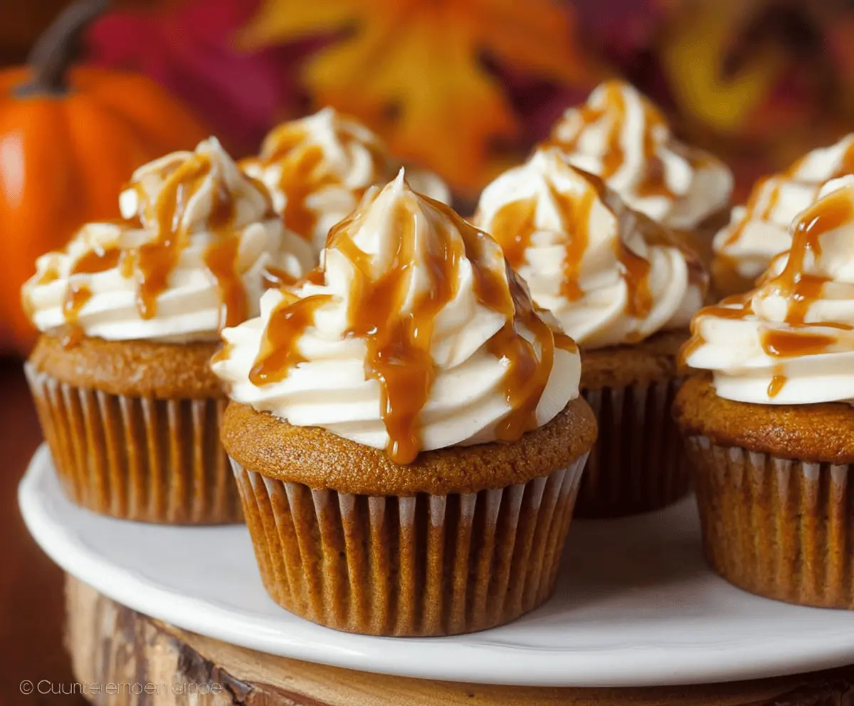 Delicious Pumpkin Caramel Cupcakes topped with creamy frosting and caramel drizzle, perfect for fall desserts.