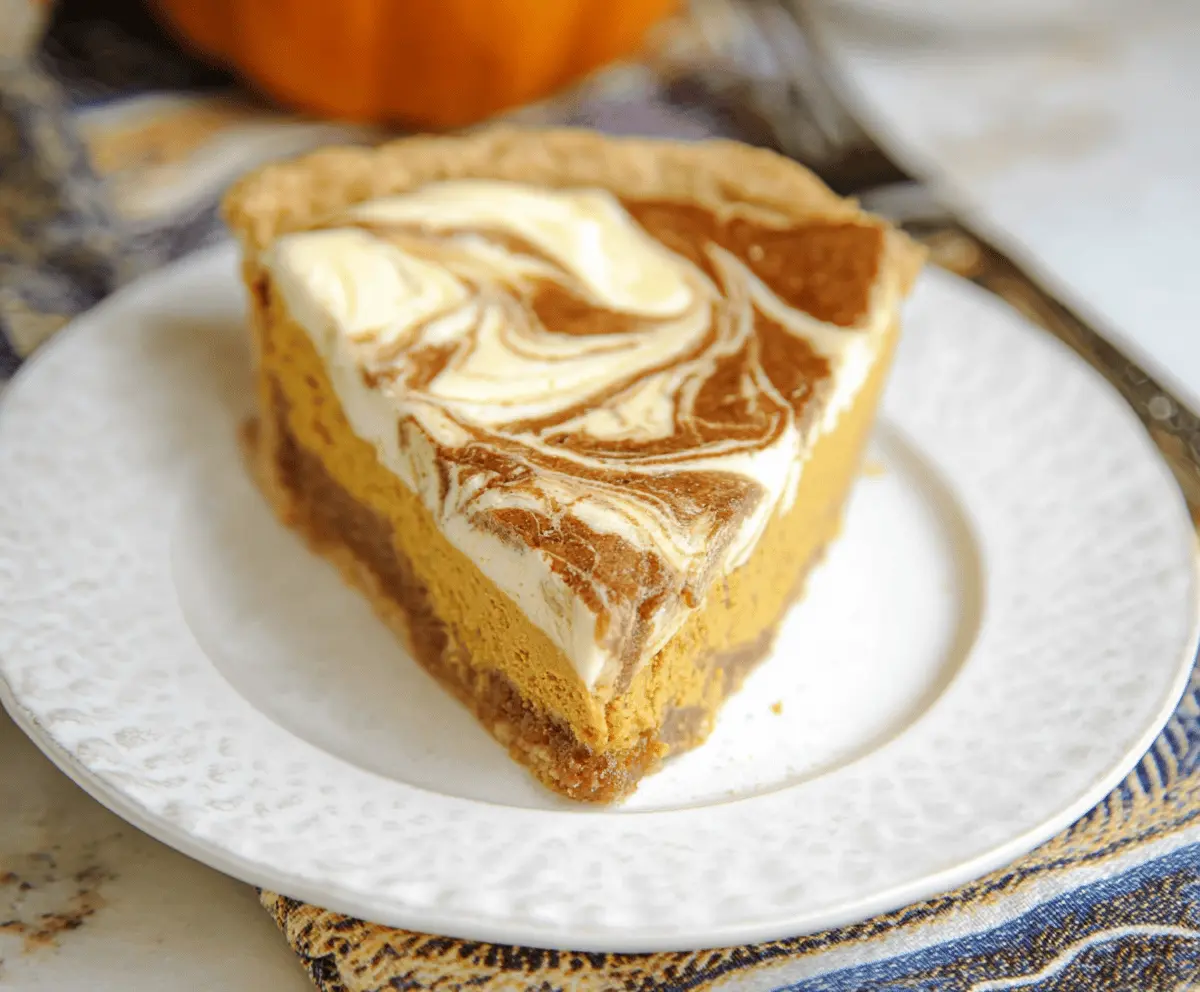 Creamy pumpkin cheesecake swirl pie topped with whipped cream and cinnamon for fall dessert.