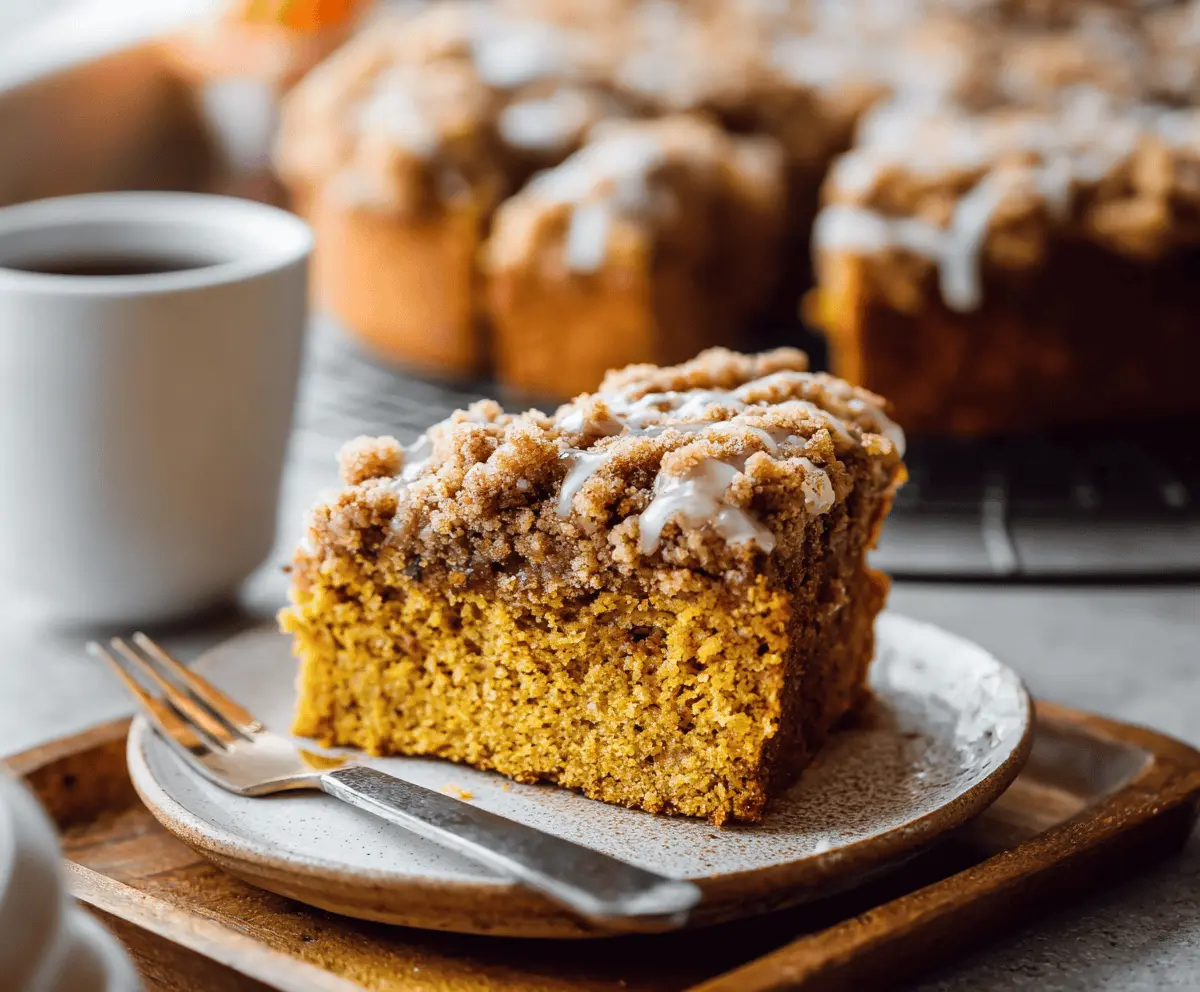 Delicious slice of pumpkin cinnamon coffee cake topped with icing and sprinkled with cinnamon, served on a plate with a fork and a cup of coffee.