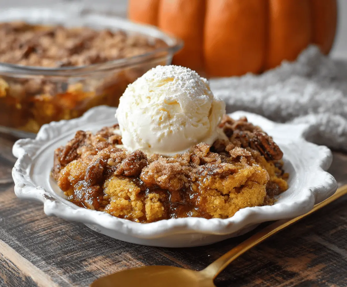 Delicious homemade pumpkin cobbler topped with golden crust, served with a scoop of vanilla ice cream on a rustic plate