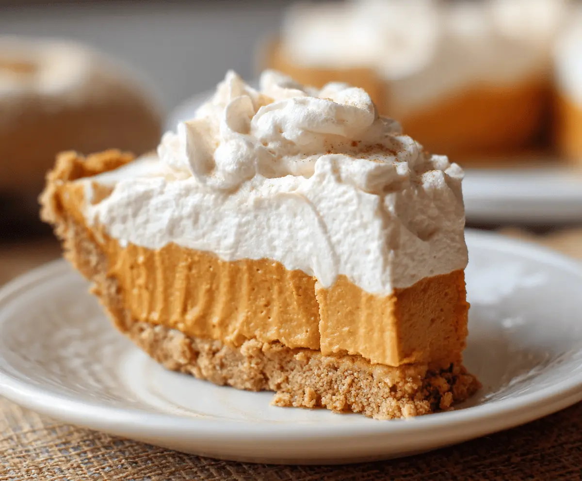 A delicious slice of Pumpkin Cool Whip Pie topped with whipped cream and cinnamon, served on a white plate for a festive fall dessert.
