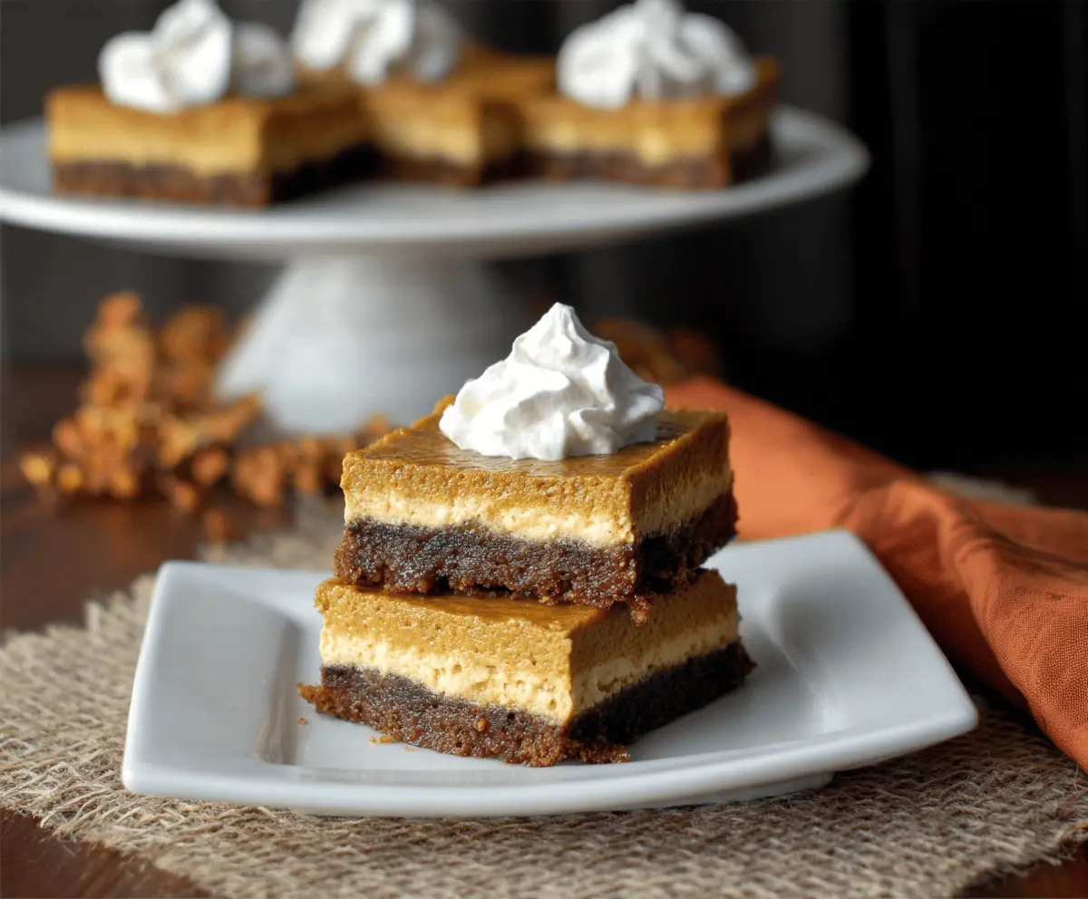 Creamy pumpkin gingersnap cheesecake bars topped with gingersnap cookie crumbs on a rustic plate, perfect for fall desserts.