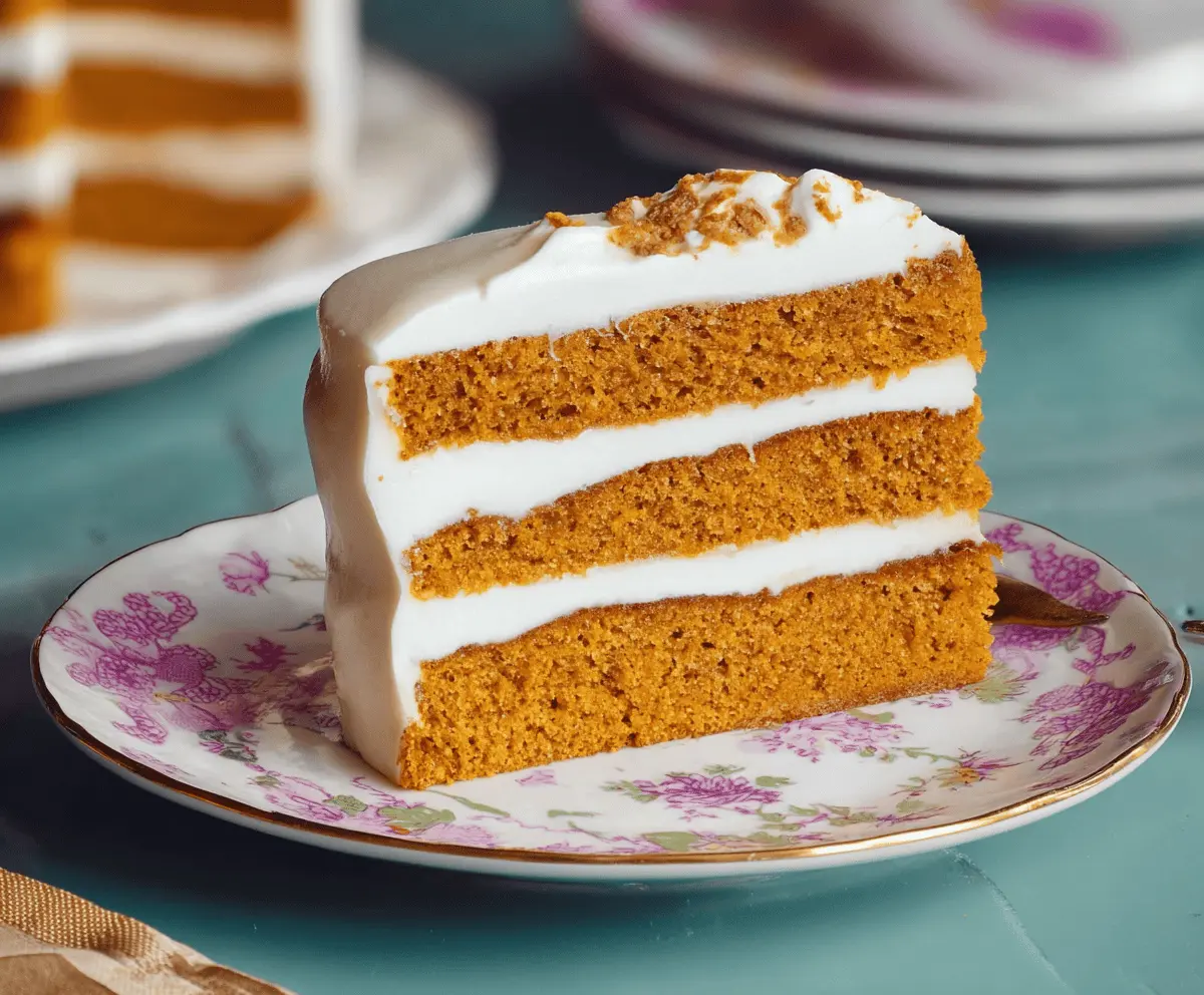 Delicious homemade pumpkin layer cake with cream cheese frosting and fall spices on a decorative plate, perfect for autumn celebrations.