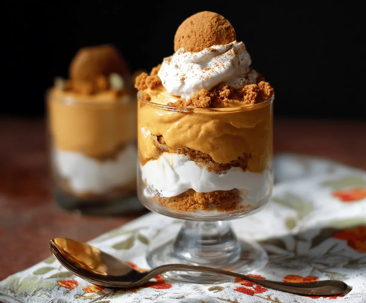 Creamy pumpkin mousse parfait layered with whipped cream and cinnamon, garnished with a sprinkle of nutmeg and a sprig of fresh mint on a decorative plate.