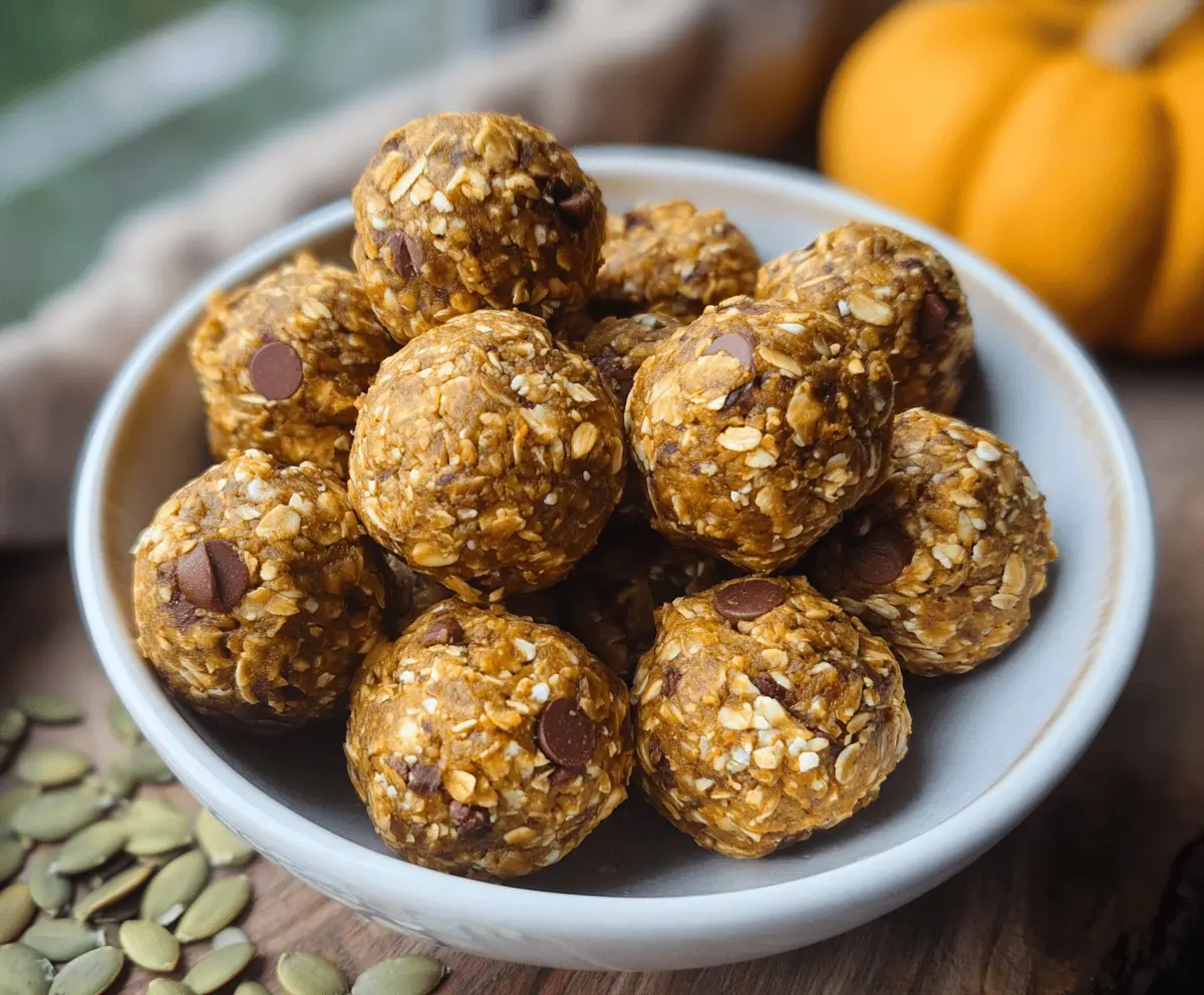 Healthy Pumpkin Oat Protein Balls on a white plate, featuring a festive autumn-inspired snack with oats, pumpkin, and protein ingredients.
