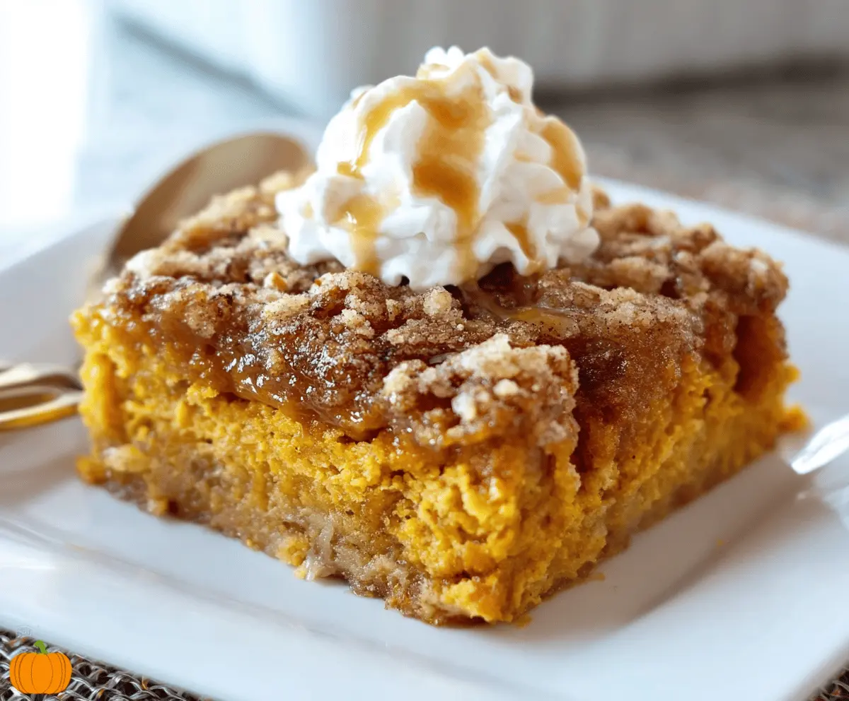 Delicious Pumpkin Pie Dump Cake topped with whipped cream and cinnamon, served on a plate for a festive fall dessert.