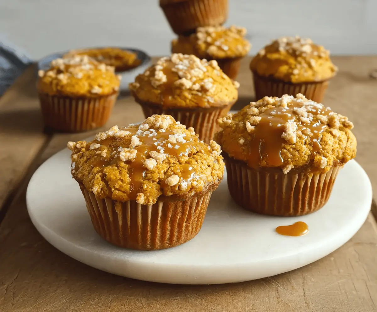 Freshly baked Pumpkin Salted Caramel Muffins with a caramel drizzle and pumpkin spice topping on a rustic plate