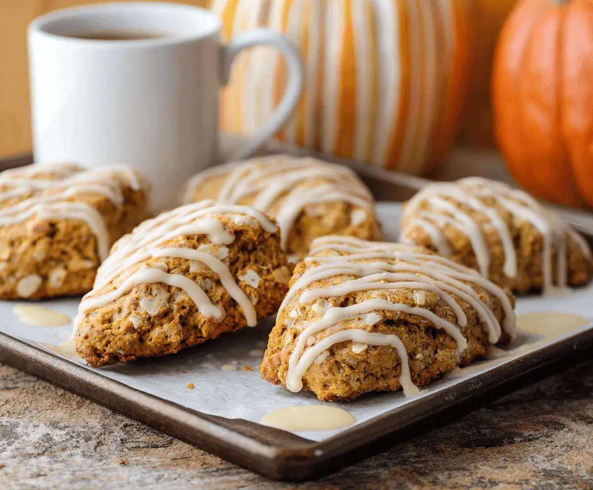 Freshly baked pumpkin scones topped with creamy maple icing, garnished with a sprinkle of cinnamon for a cozy fall treat.