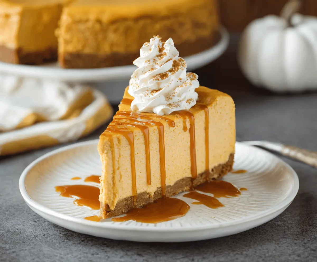 Creamy Pumpkin Spice Cheesecake topped with whipped cream and cinnamon, perfect for fall desserts.
