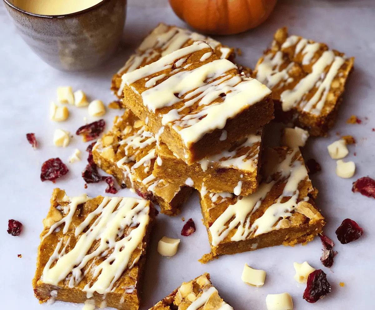 Delicious pumpkin spiced bars topped with white chocolate glaze, perfect for fall desserts