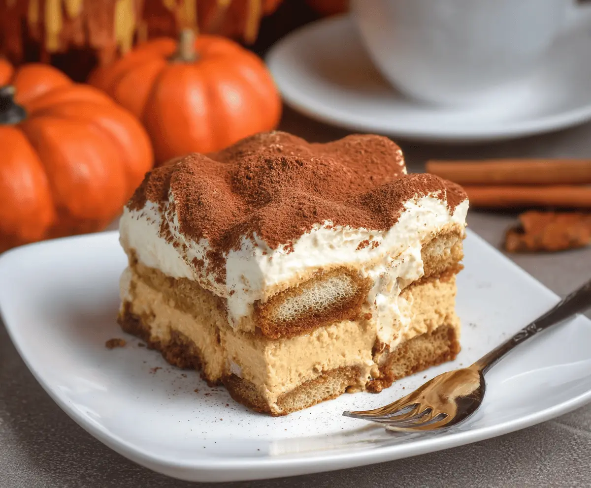 Delicious pumpkin tiramisu dessert with creamy mascarpone layers, cocoa powder, and festive pumpkin garnish, perfect for fall celebrations.