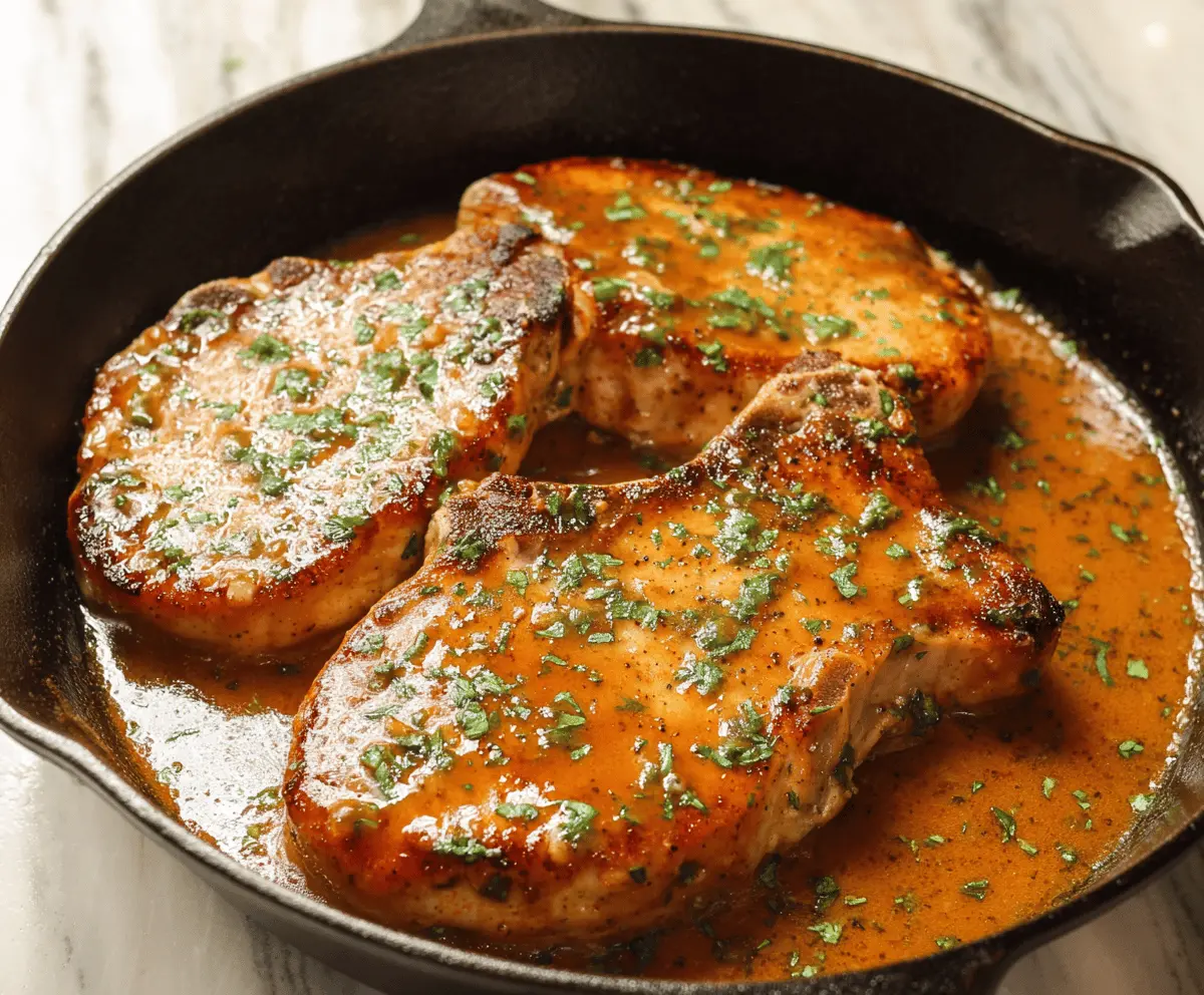 Delicious Ranch Pork Chops served with fresh herbs on a plate.
