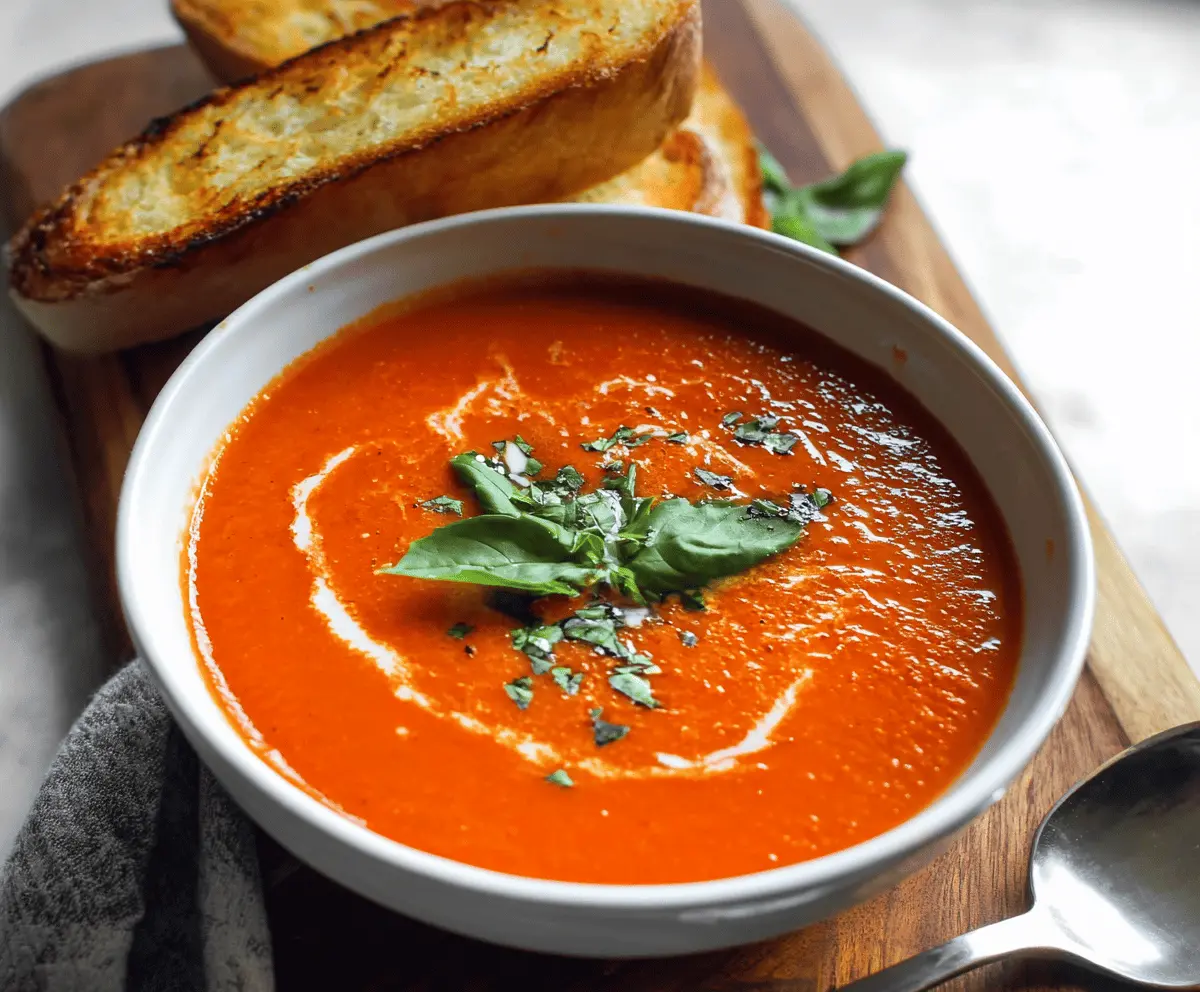 A bowl of vibrant red pepper and tomato soup garnished with fresh herbs, served with crusty bread on the side.