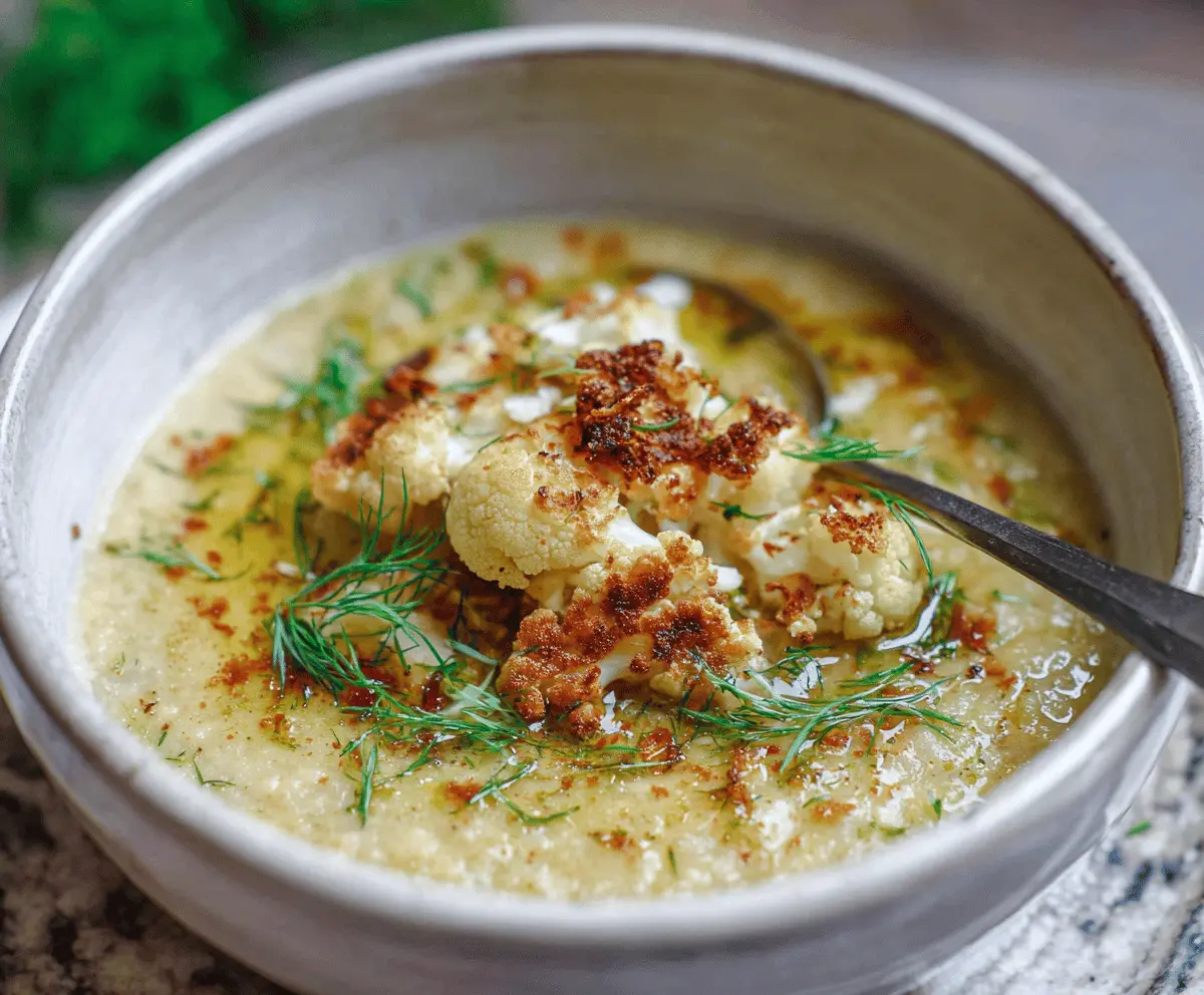 Creamy roasted cauliflower soup served in a bowl with fresh herbs and a drizzle of olive oil, perfect for a cozy meal.