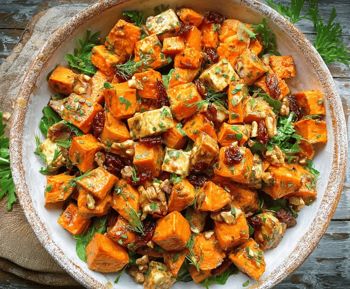Colorful roasted sweet potato salad with fresh greens, feta cheese, and a drizzle of balsamic glaze on a white plate.
