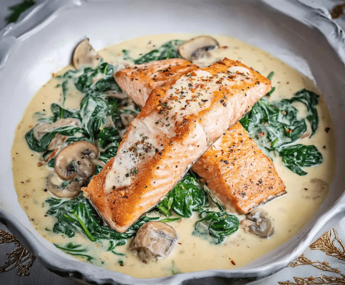 Delicious Salmon Florentine topped with fresh spinach and served with creamy garlic sauce on a white plate