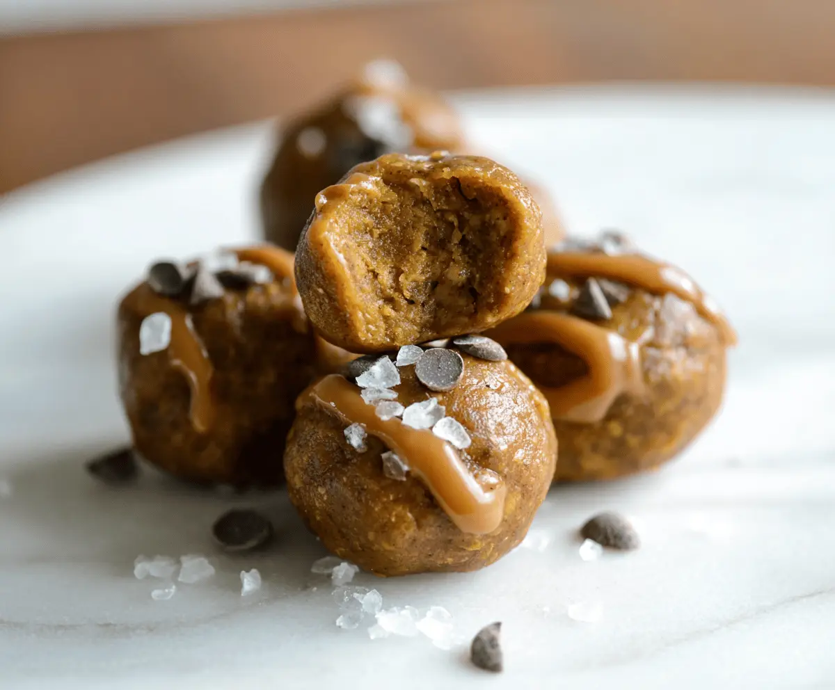 Delicious salted caramel pumpkin protein balls on a white plate, perfect healthy snack with pumpkin, caramel, and protein ingredients