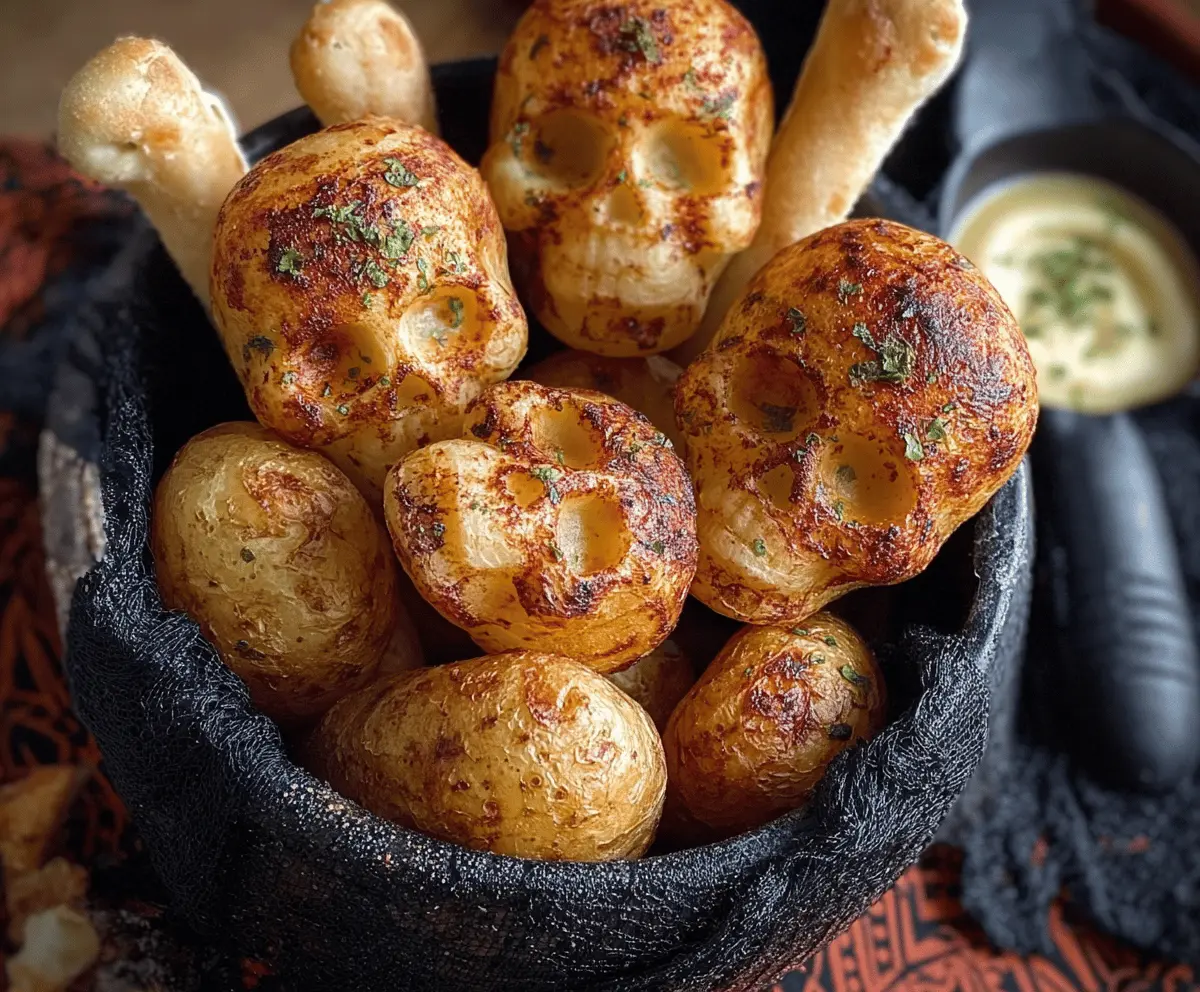 Spooky Skull Potatoes topped with bone-shaped breadsticks for Halloween-themed appetizer or party snack