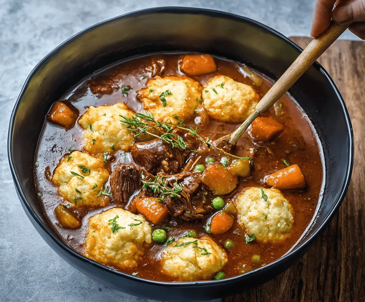 Hearty slow cooker beef stew topped with fluffy dumplings, served in a rustic bowl with fresh herbs
