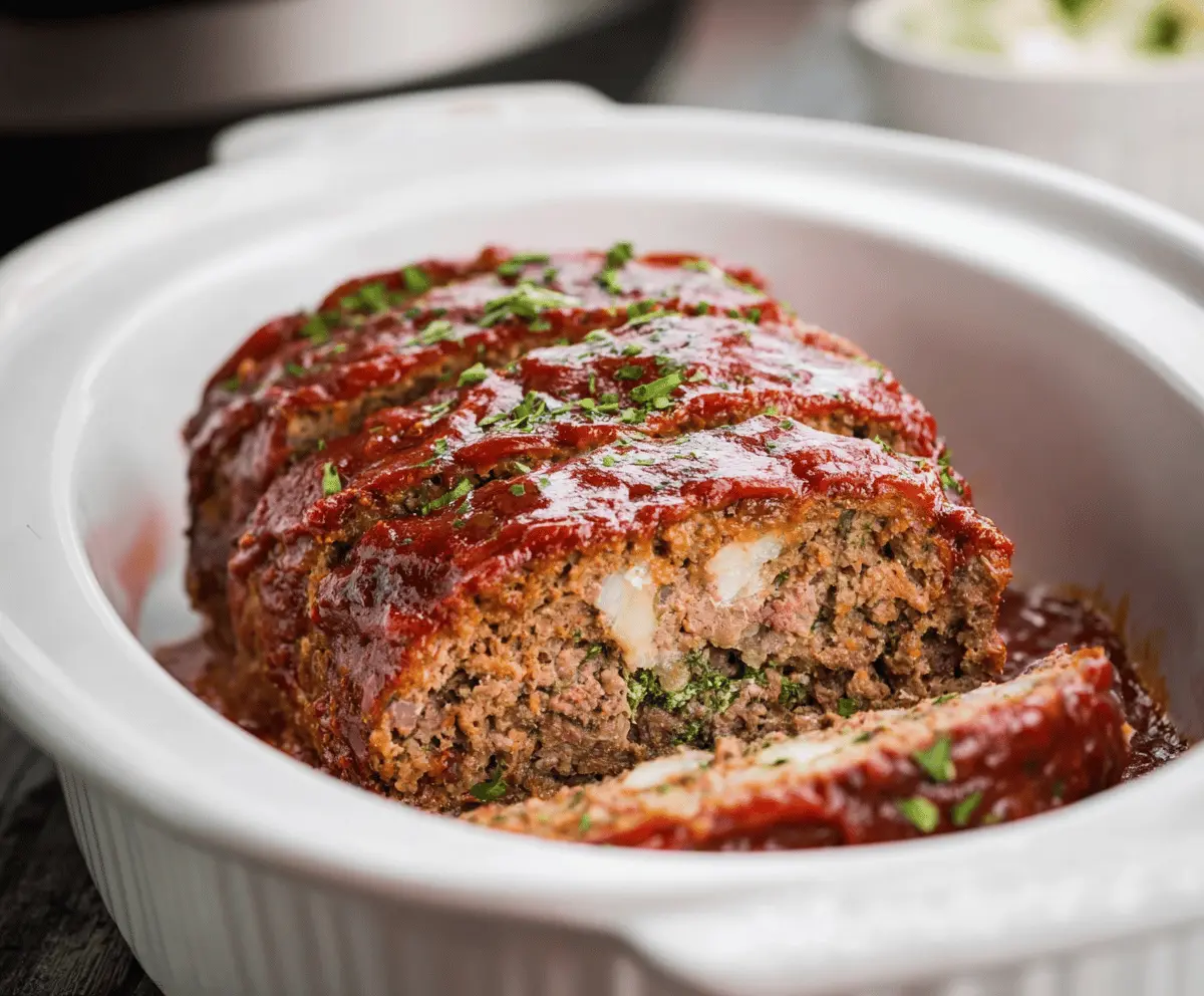 Delicious homemade slow cooker meatloaf garnished with fresh herbs on a white plate ready to serve
