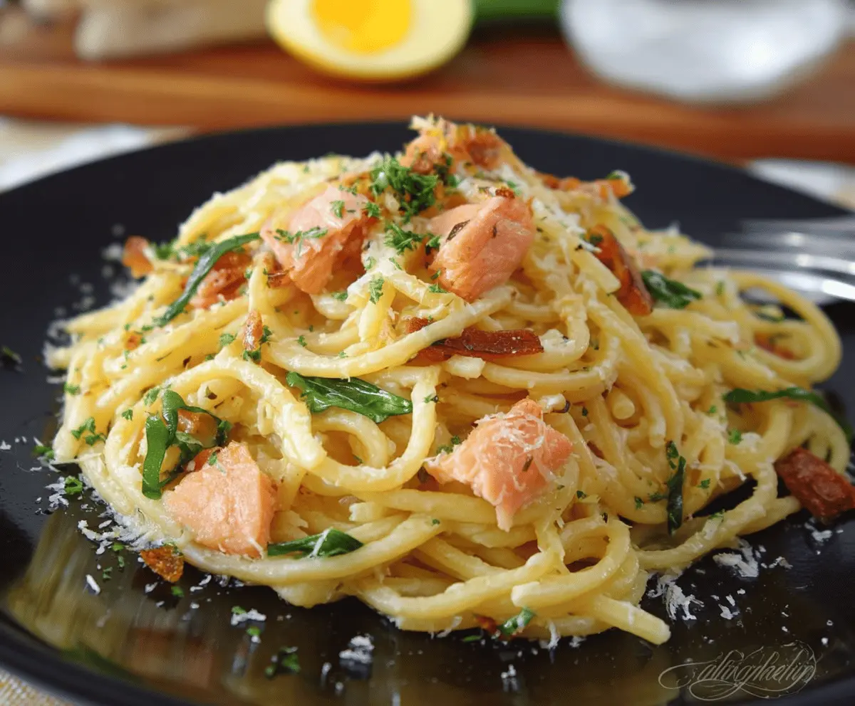 Creamy smoked salmon carbonara dish topped with fresh herbs, featuring pasta, crispy bacon, and melted cheese in a visually appealing presentation.