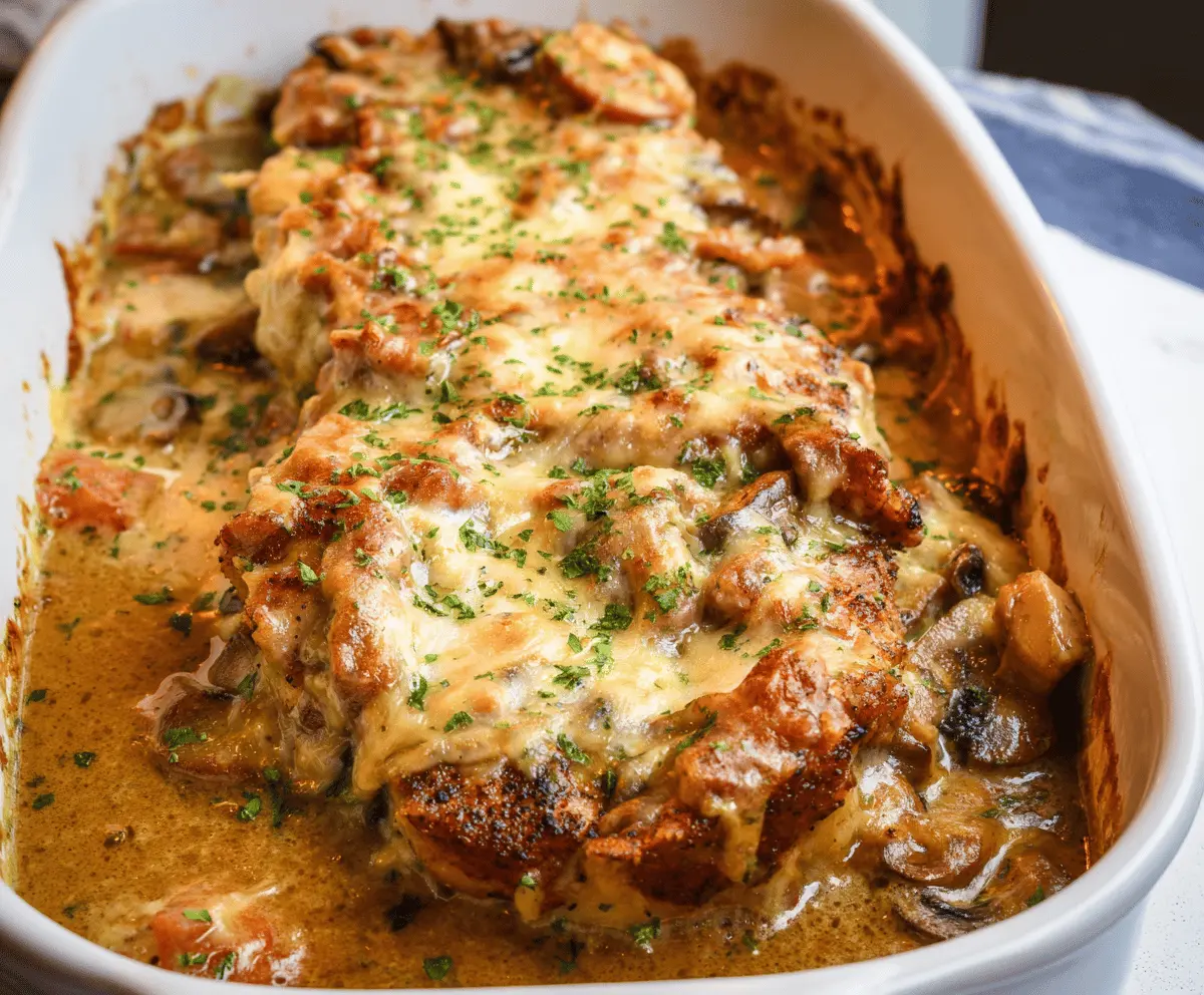 Delicious smothered pork chop casserole topped with gravy and herbs, served in a baking dish.