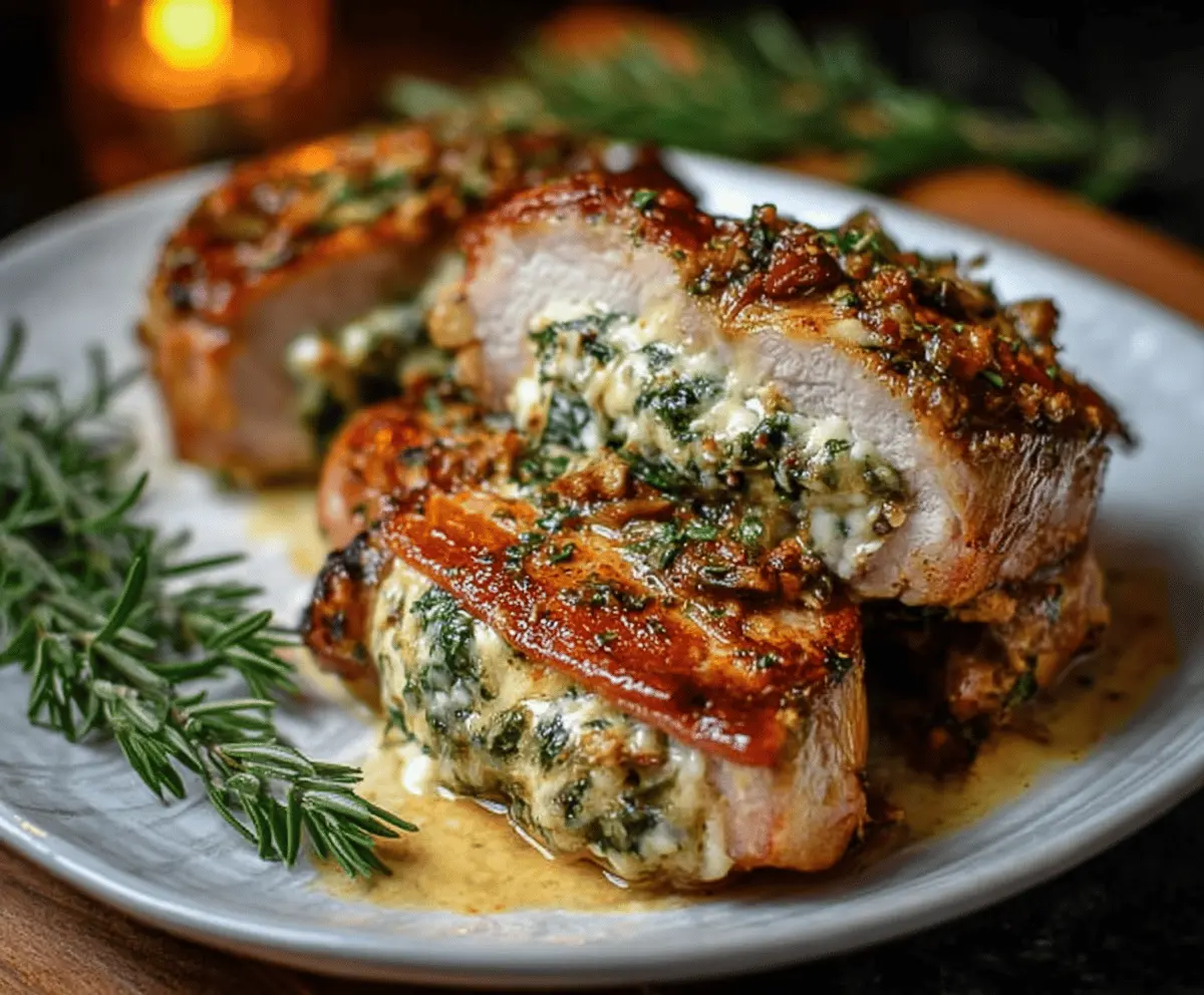 Juicy stuffed pork chops filled with cheese and herbs, served on a plate with fresh vegetables, perfect for a delicious dinner recipe.