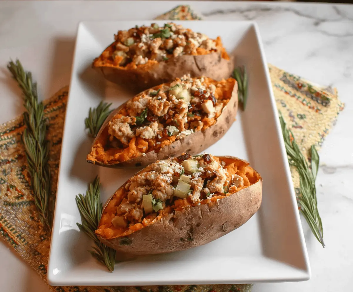 Delicious stuffed sweet potatoes topped with seasoned ground turkey and fresh herbs, served as a healthy and flavorful meal.