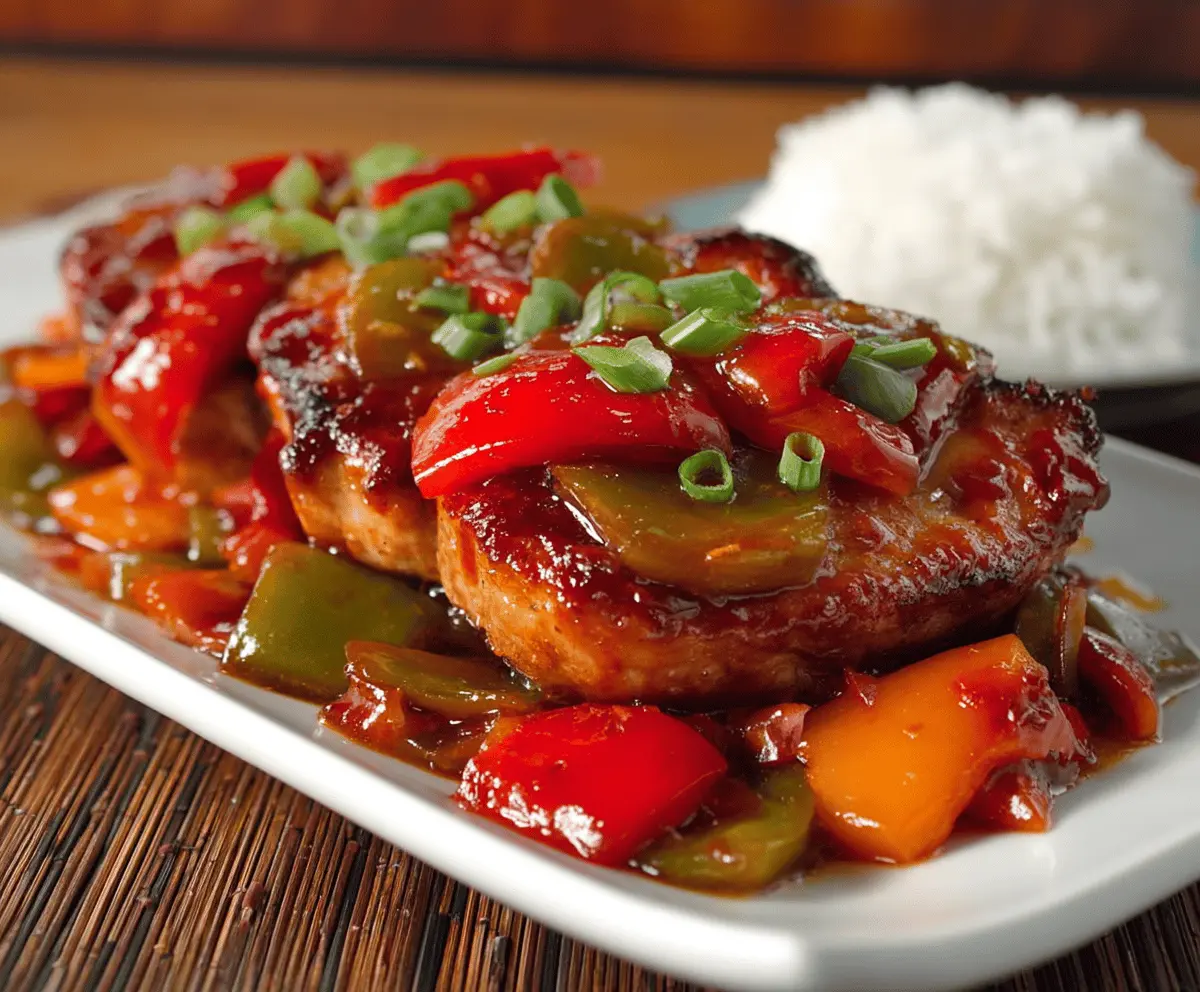 Delicious sweet and sour pork chops served with colorful vegetables and pineapple slices on a plate