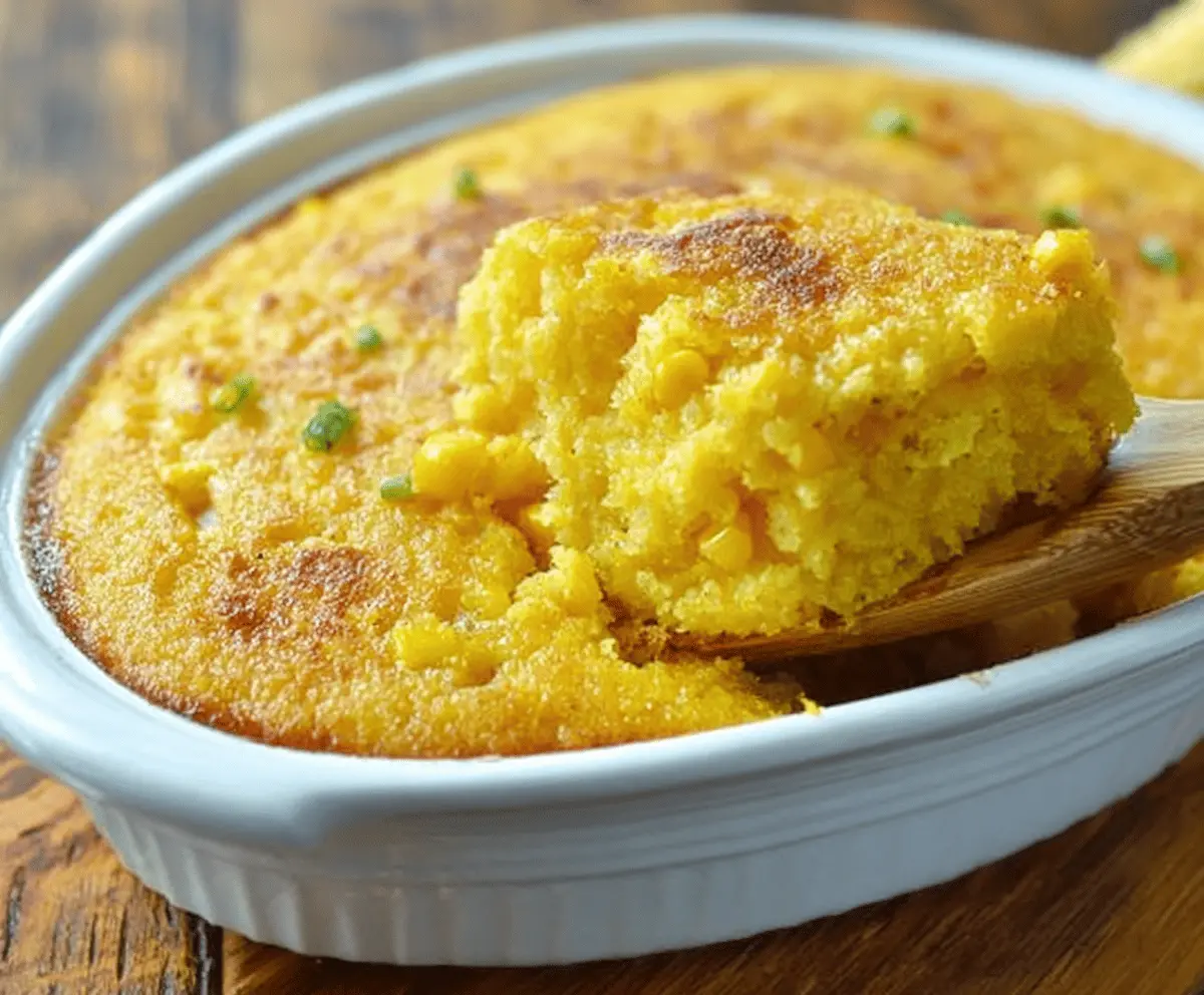 Creamy and delicious sweet corn pudding served in a bowl, topped with fresh herbs and a sprinkle of spices, perfect for a comforting dessert or side dish.