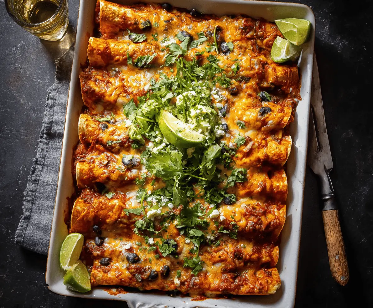 Delicious Sweet Potato Black Bean Enchiladas topped with melted cheese and fresh cilantro, served on a plate.