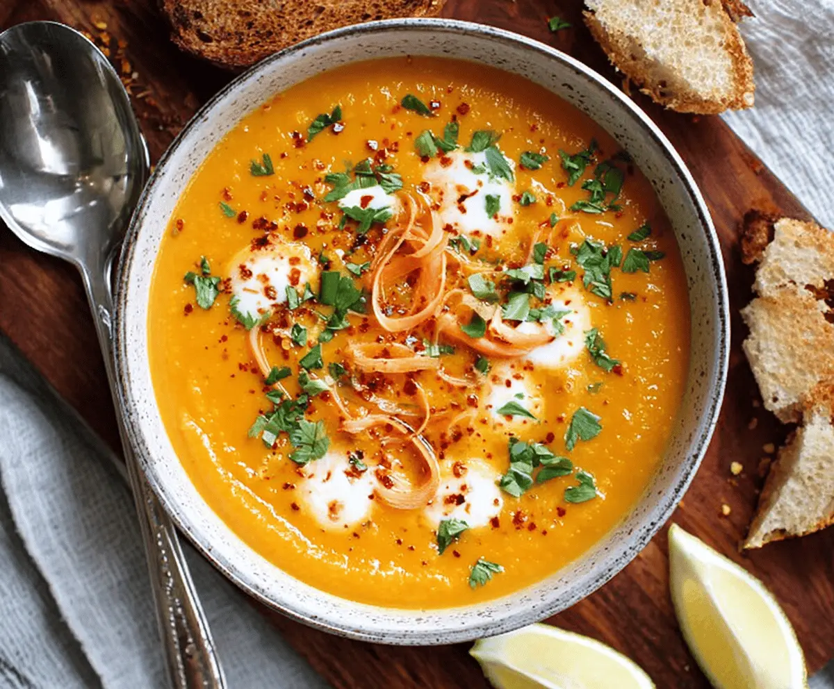 Creamy sweet potato and carrot curry soup garnished with fresh herbs in a bowl, perfect for a warm and flavorful meal.