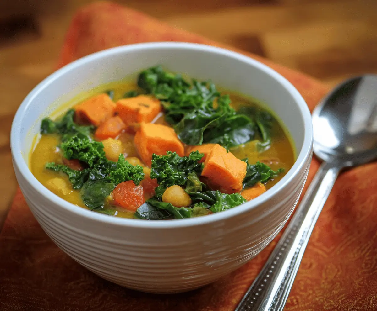 A bowl of hearty sweet potato and kale soup garnished with fresh herbs, served with bread on a rustic wooden table.
