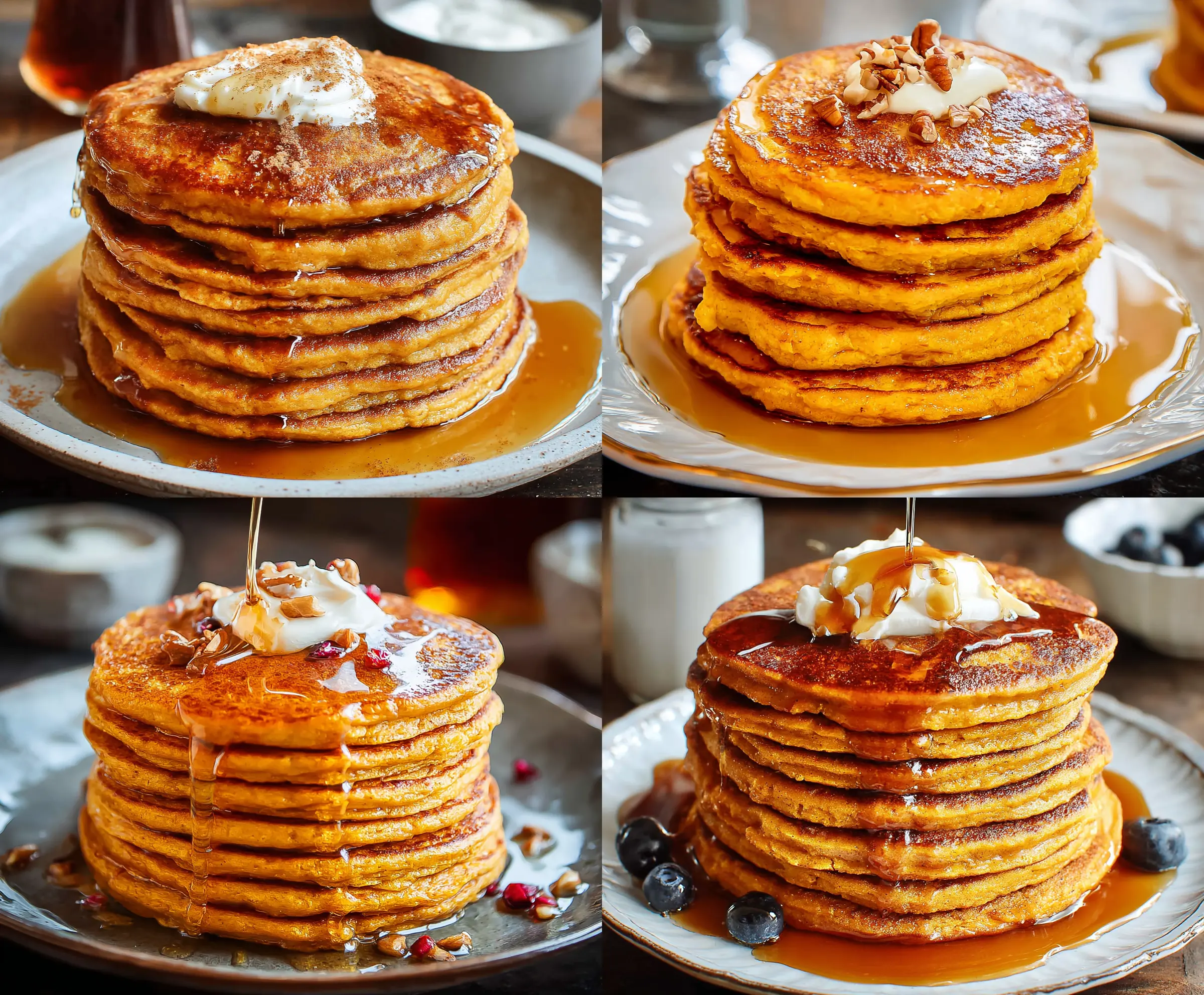Delicious homemade sweet potato pancakes stacked on a plate, topped with syrup and fresh berries, perfect for a nutritious breakfast.