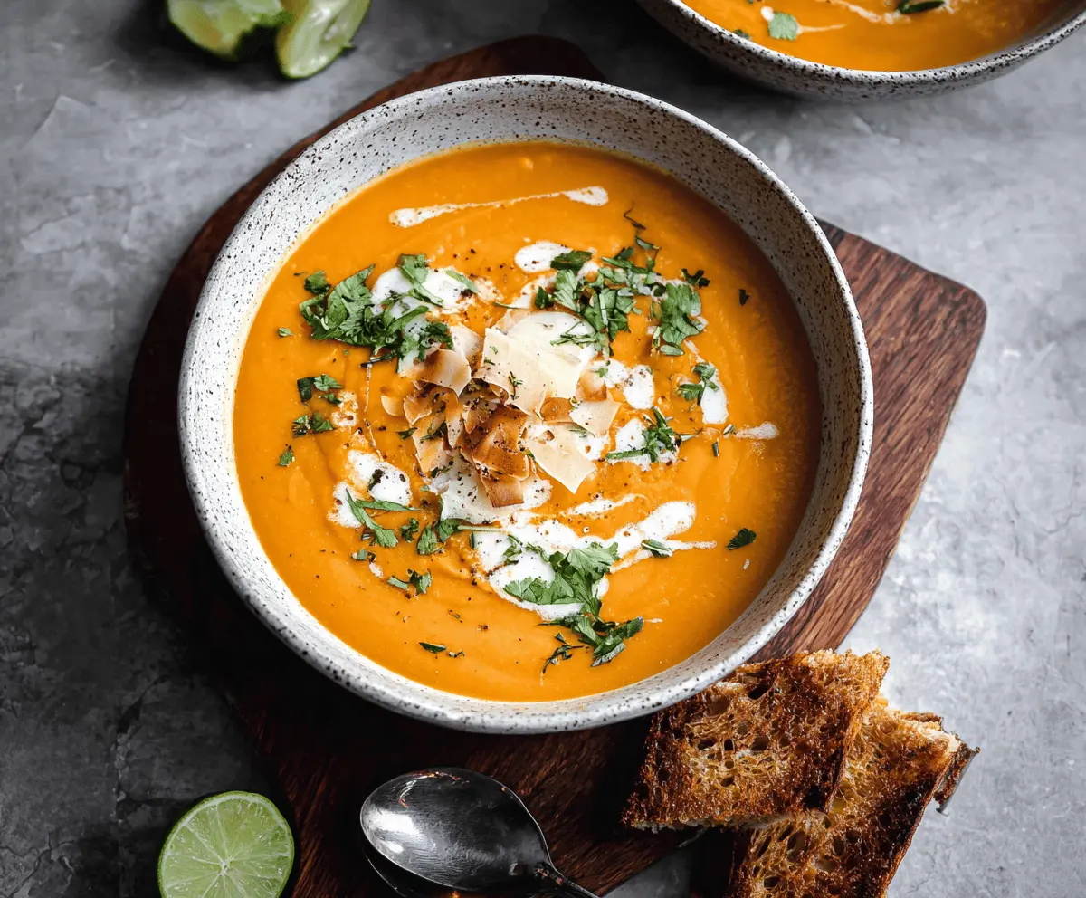Creamy sweet potato soup topped with coconut milk drizzle and fresh herbs in a rustic bowl